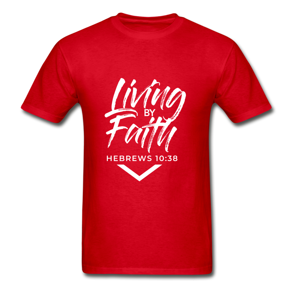 LIVING BY FAITH (Adult T-Shirt - White Font) - red
