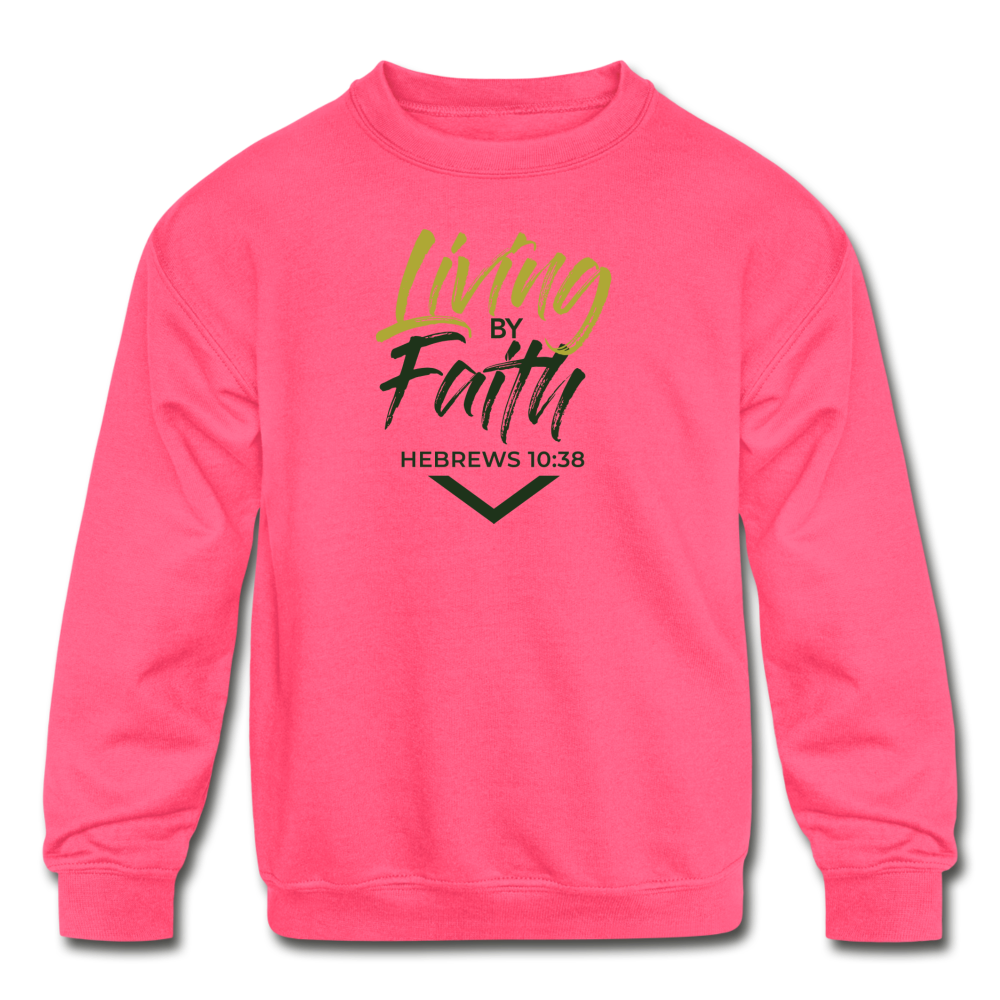 LIVING BY FAITH (Kids' Crewneck Sweatshirt) - neon pink