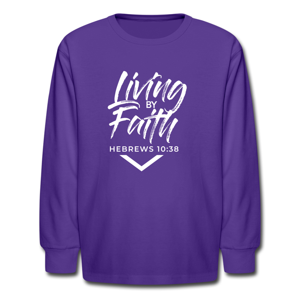 LIVING BY FAITH (Kids' Long Sleeve T-Shirt - White Font) - dark purple