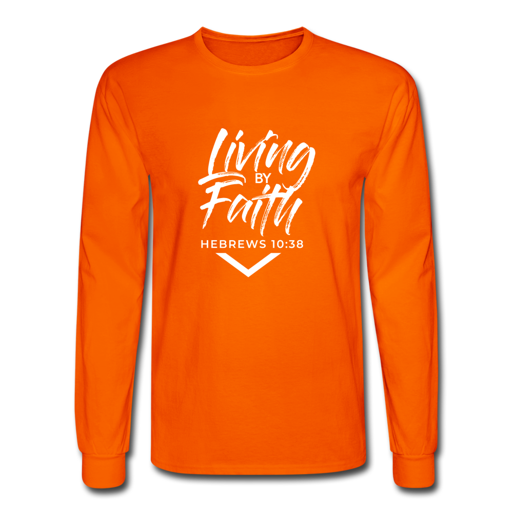 LIVING BY FAITH (Adult Unisex Long Sleeve T-Shirt - White Font) - orange