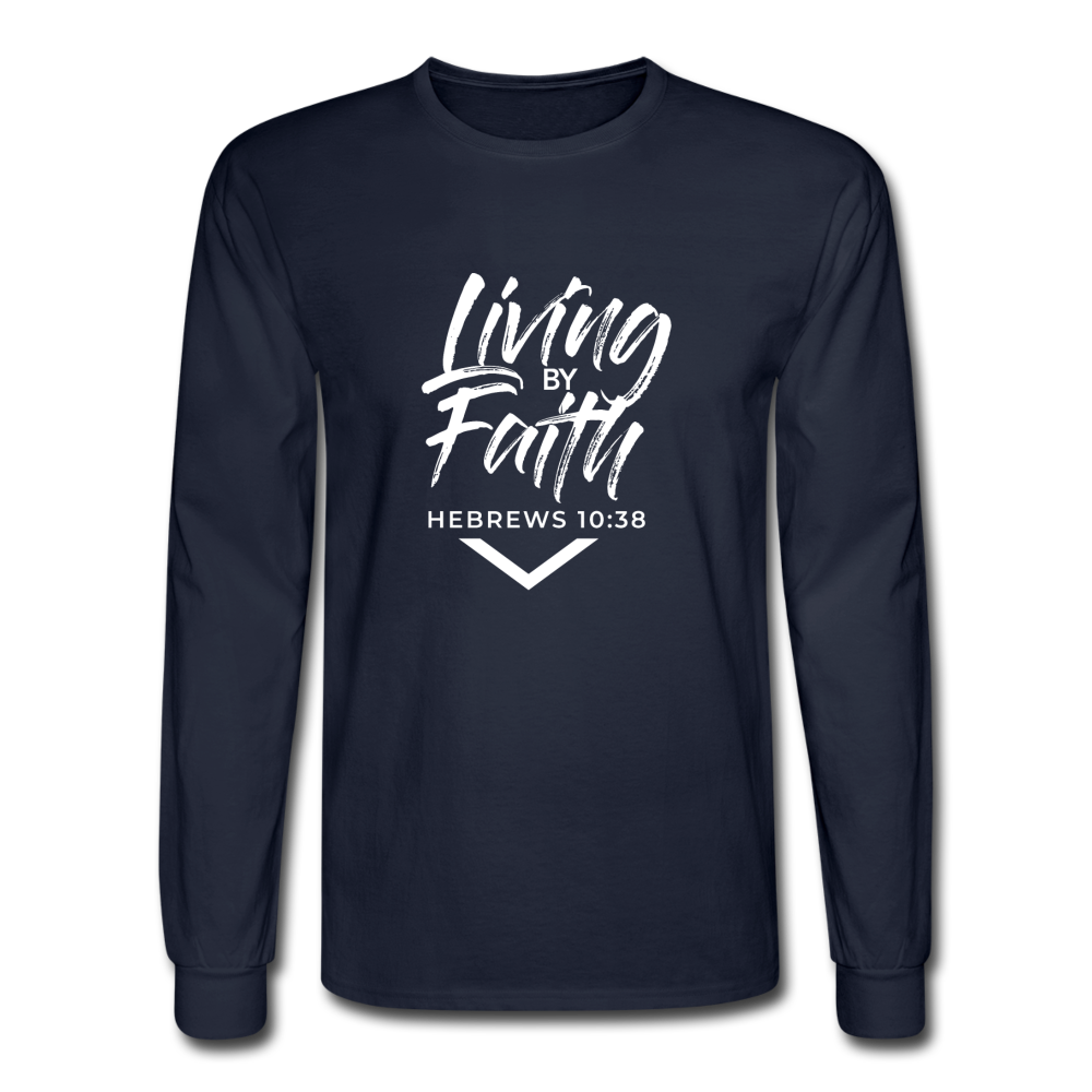 LIVING BY FAITH (Adult Unisex Long Sleeve T-Shirt - White Font) - navy