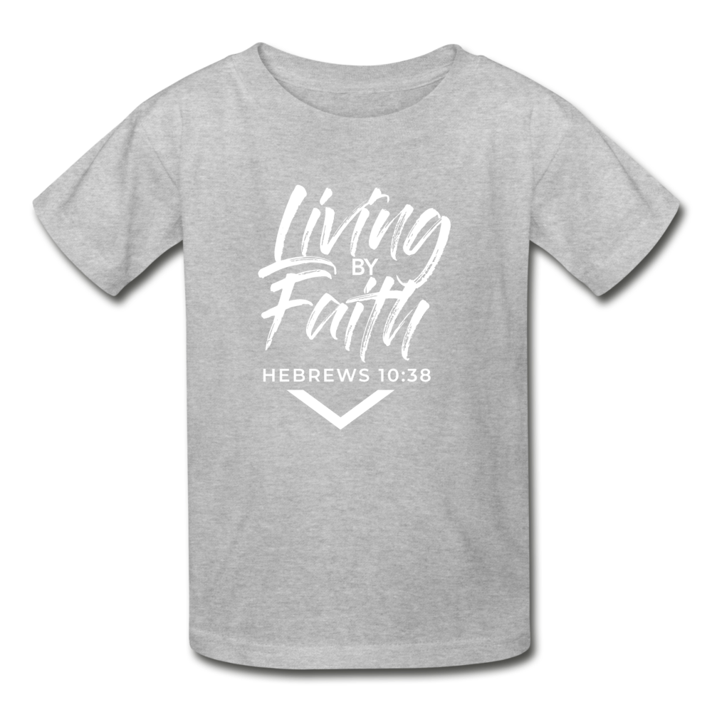 LIVING BY FAITH (Youth T-Shirt - White Font) - heather gray