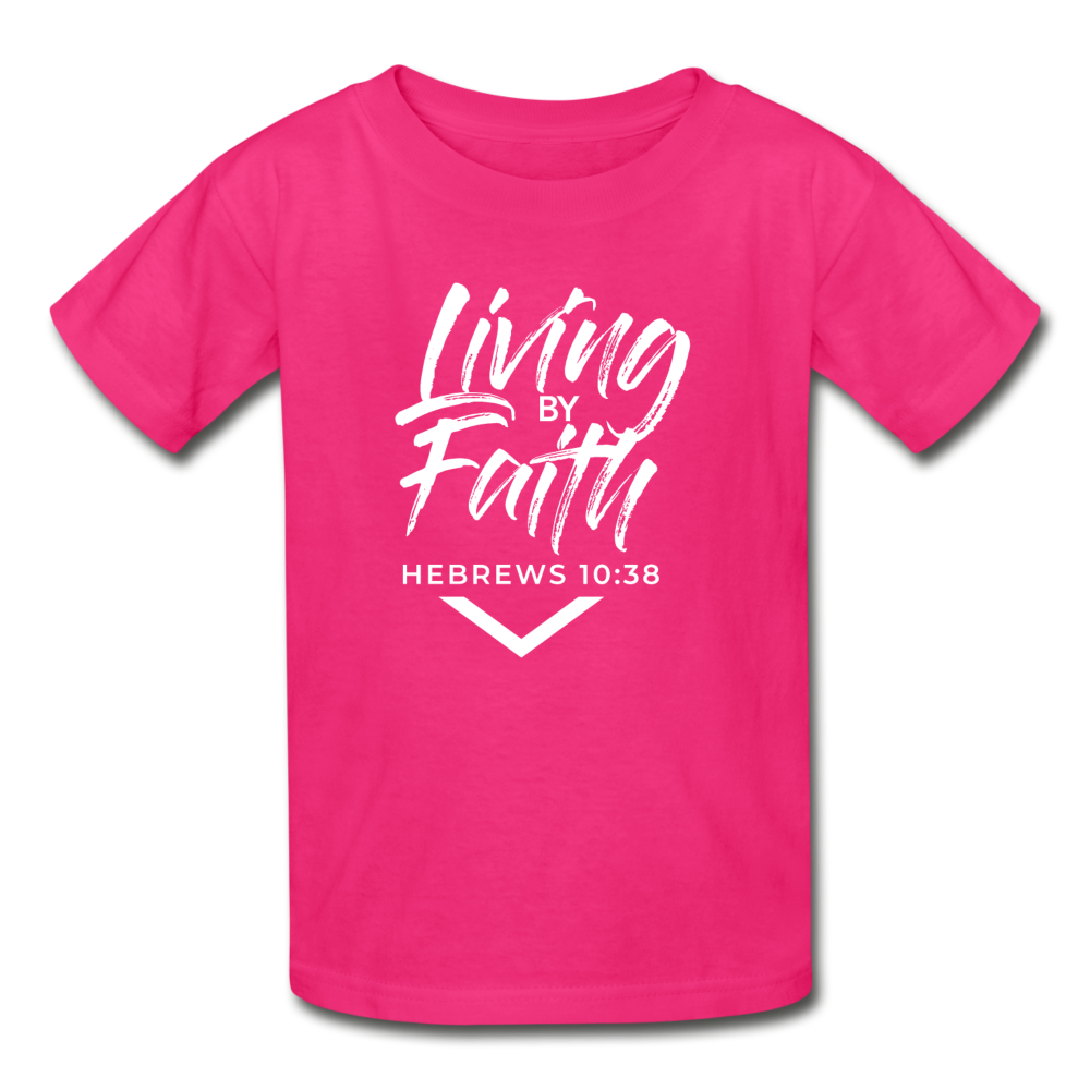 LIVING BY FAITH (Youth T-Shirt - White Font) - fuchsia