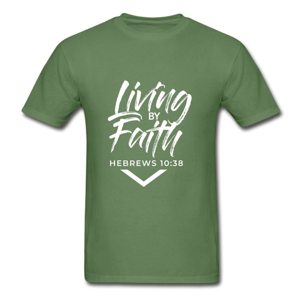 LIVING BY FAITH (Adult T-Shirt - White Font) - military green
